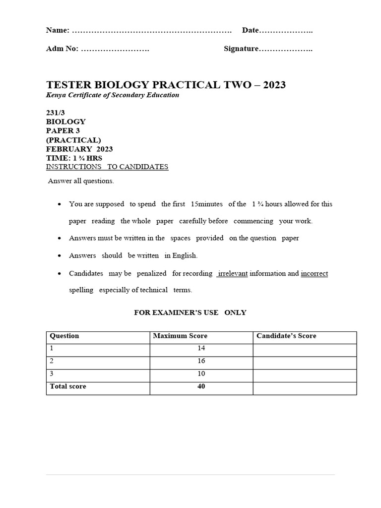 Tester Biology Practical Two Pdf Experiment