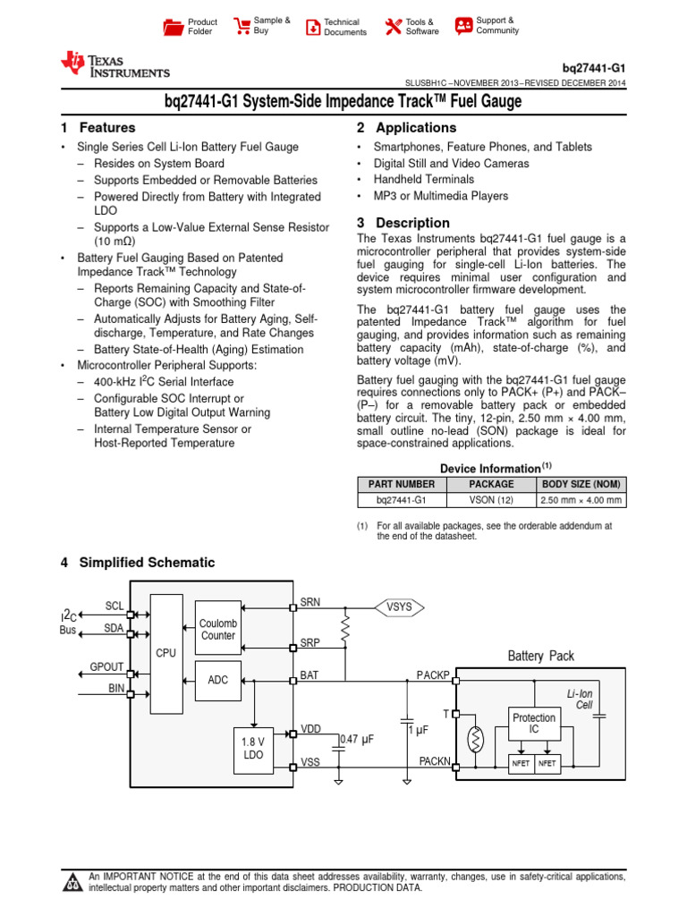 Texas Instruments BQ27441DRZR G1A - C473397 | PDF | Electrostatic ...