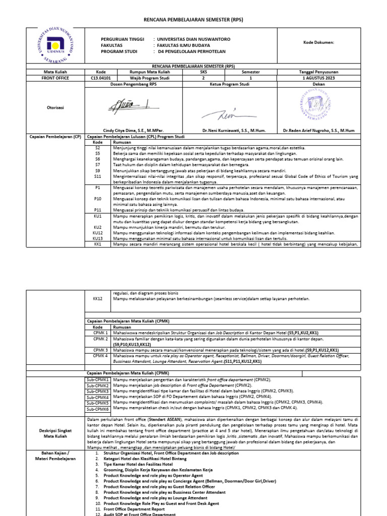 RPS Front Office D4 Perhotelan | PDF | Seni