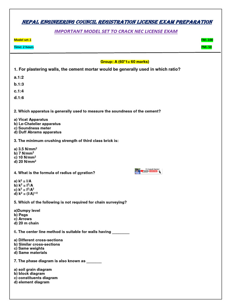 NEC License Exam Model Questions | PDF | Yield (Engineering) | Stress ...