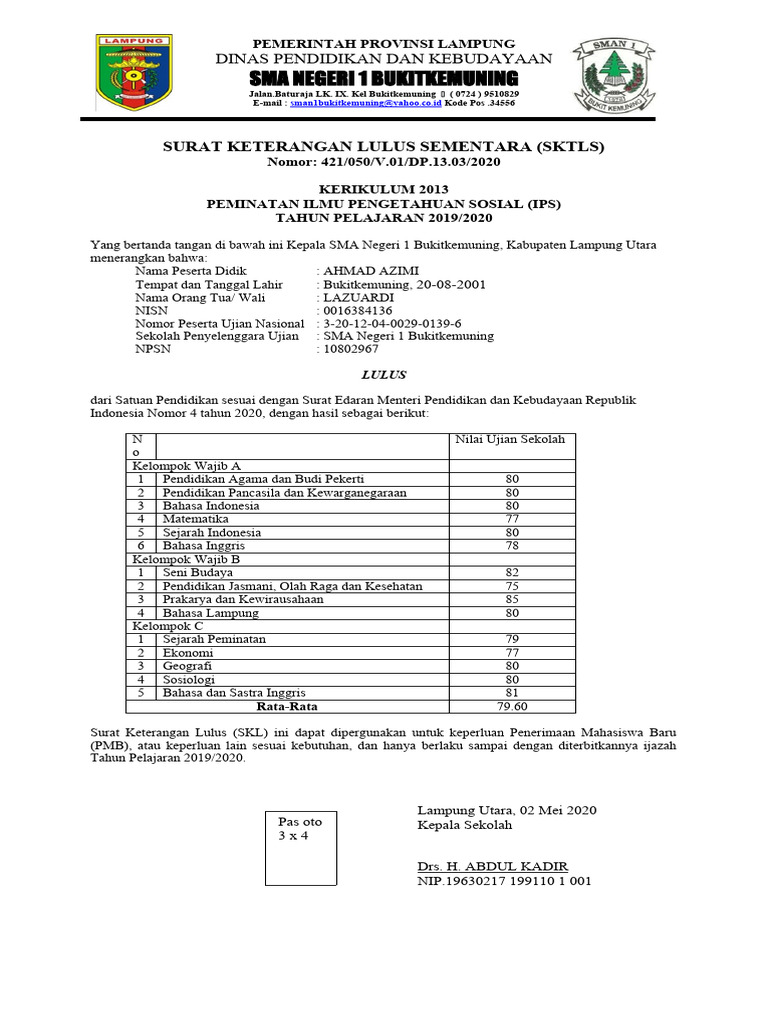 Surat Keterangan Lulus Sementara Ips 2020 | PDF