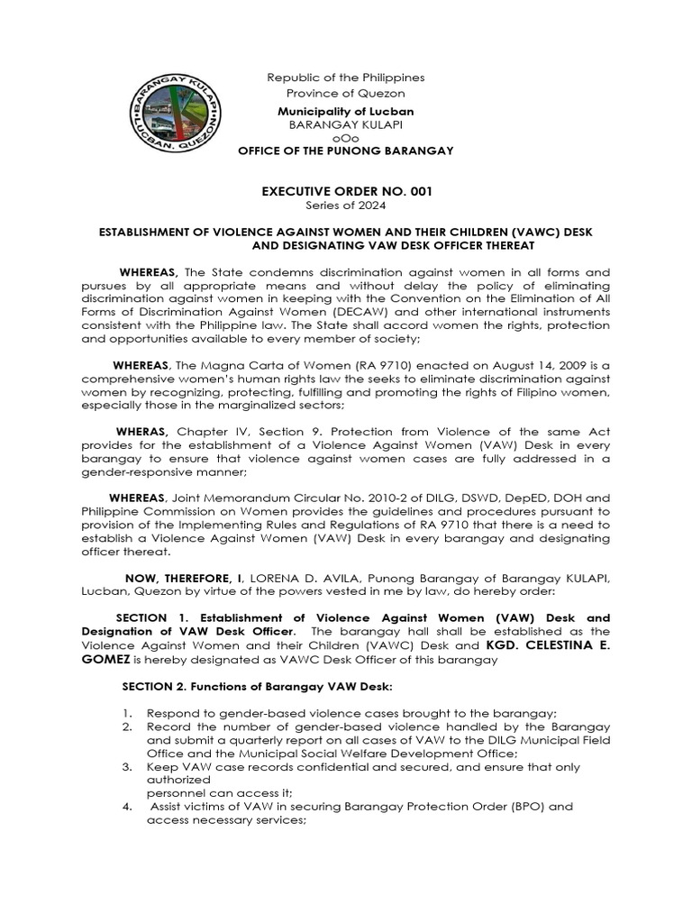 Establishment of VAWC Desk in Barangay | PDF | Violence | Domestic Violence