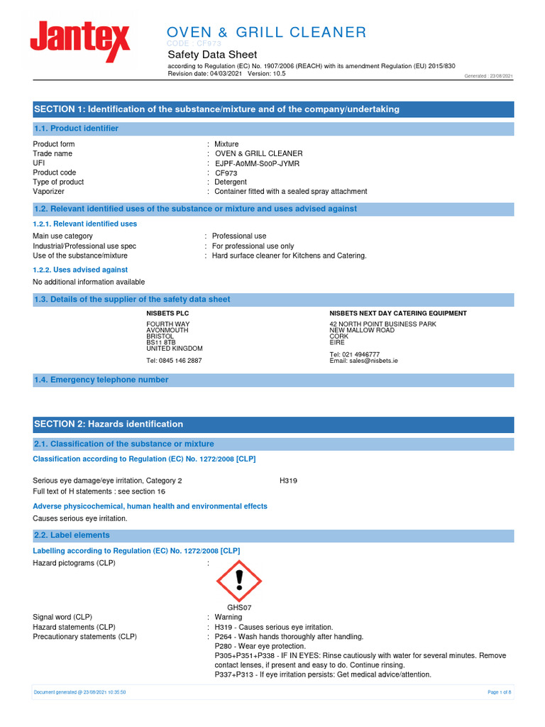 Jantex Oven & Grill Cleaner PDF Dangerous Goods Safety