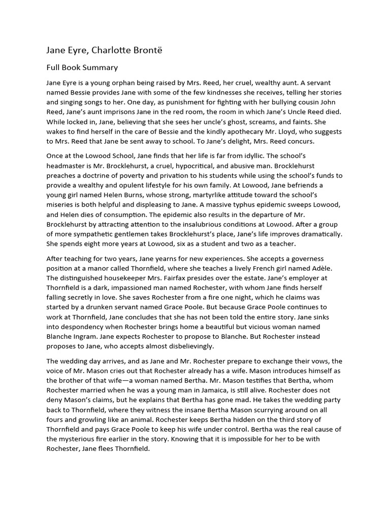Jane Eyre Summary and Analysis PDF Jane Eyre