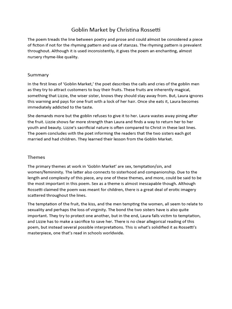 Goblin Market by Christina Rossetti summary and analysis PDF