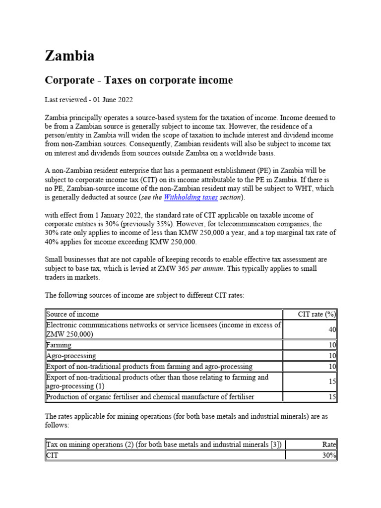 Zambian Tax System PDF Corporate Tax Minerals