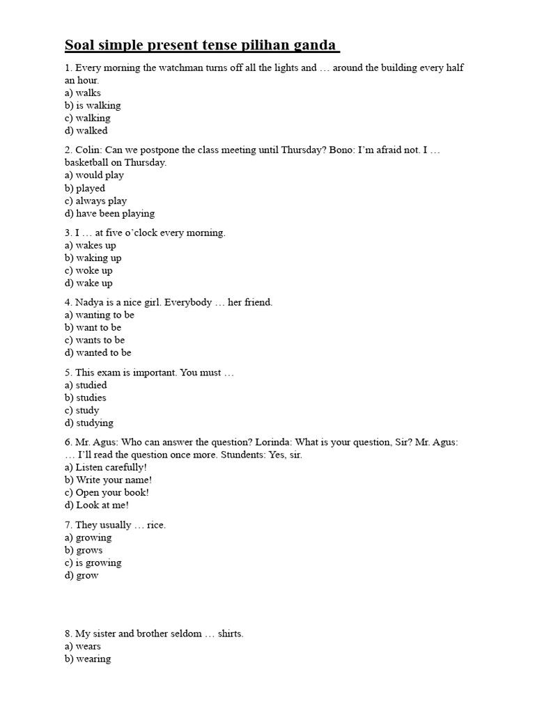 Soal simple present tense pilihan ganda pdf
