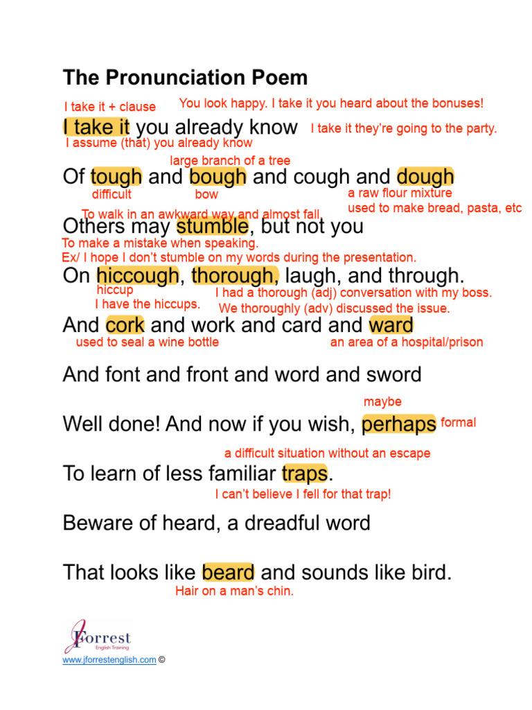 Pronunciation poem vocabulary review pdf