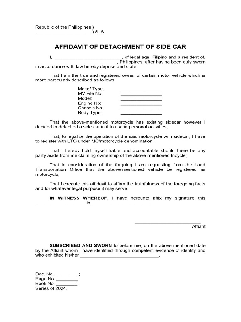 Affidavit for Sidecar Detachment | PDF