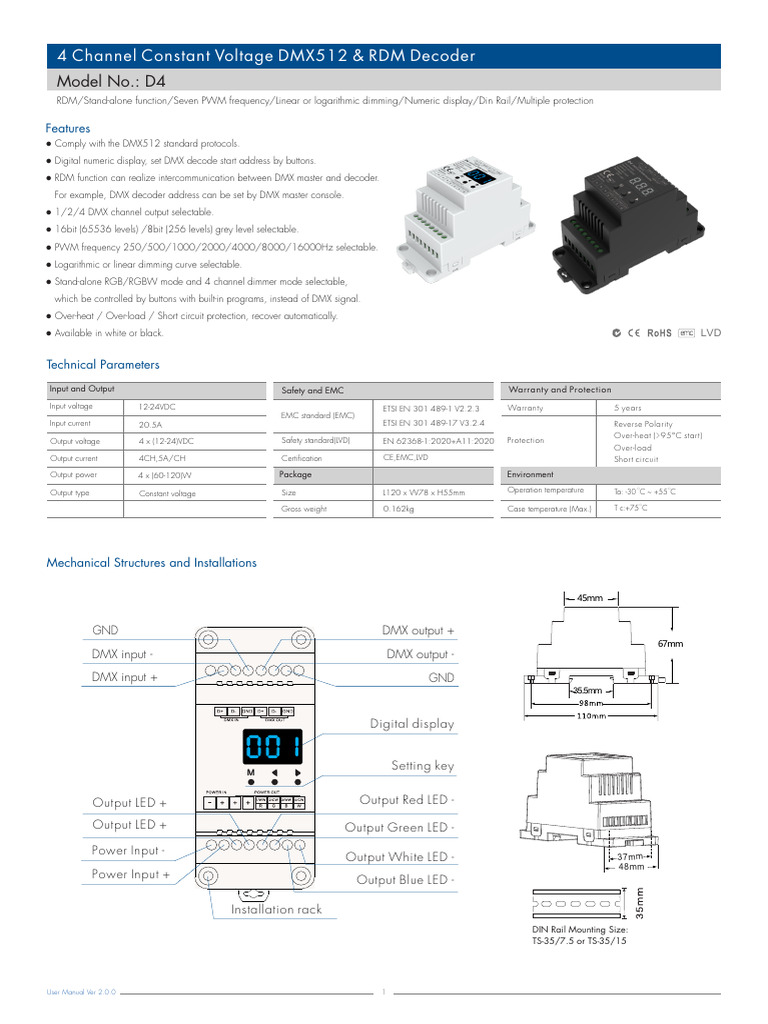 DMX512 Decoder D4 User Manual | PDF | Power Supply | Amplifier