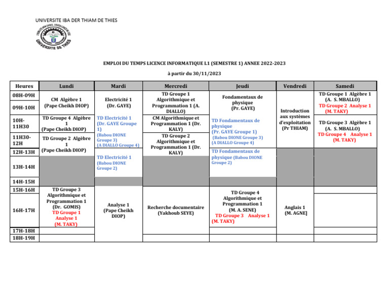 Emploi du Temps L1 Informatique 2022-2023 | PDF | Sciences physiques