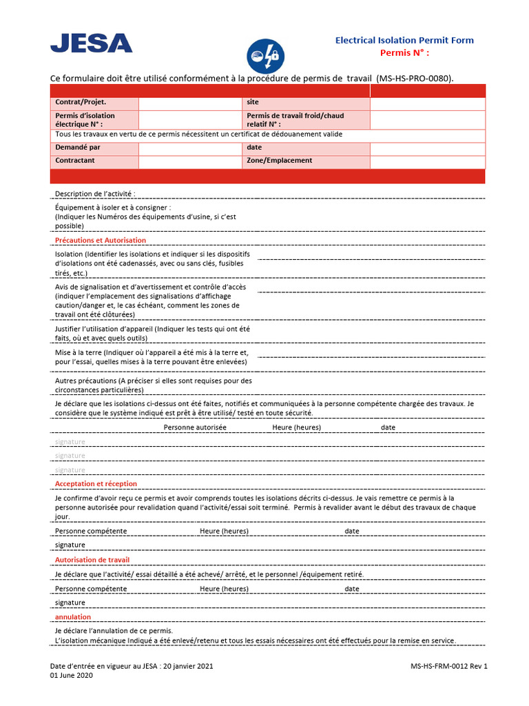 Formulaire de Permis d'Isolation Électrique | PDF