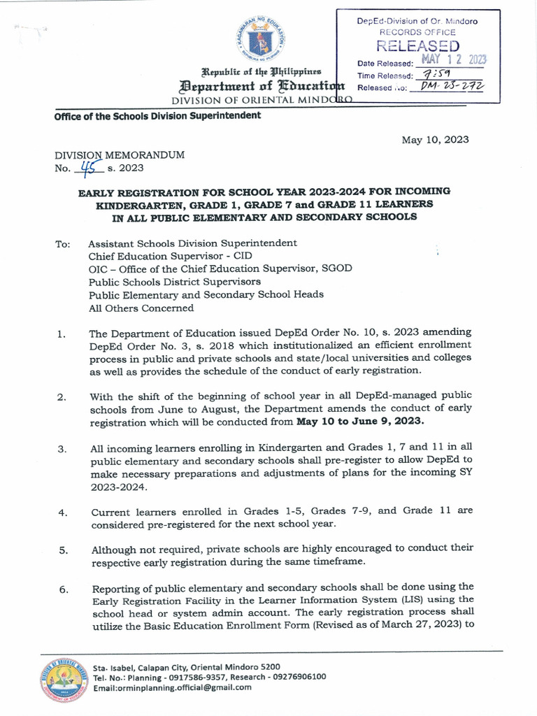 DM045 Early Registration For School Year 2023-2024 For Incoming ...