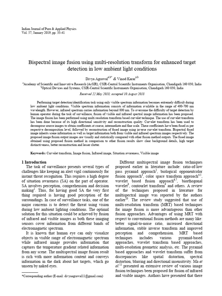 Bispectral image fusion using multi resolution transform for enhanced