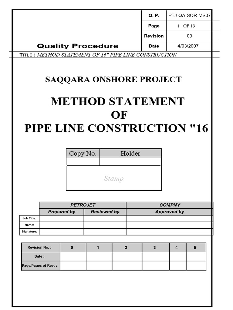 METHOD STATEMENT OF 16'' PIPE LINE03 PDF Welding Construction