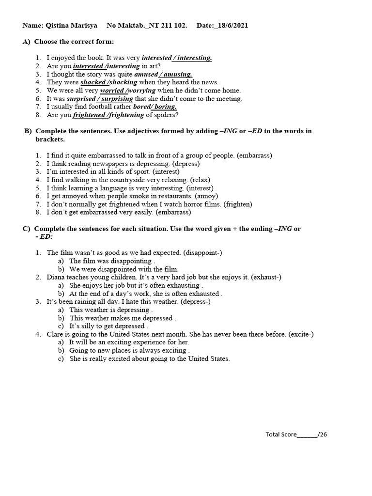Adjective Form Exercises & Answers | PDF | Language Arts & Discipline