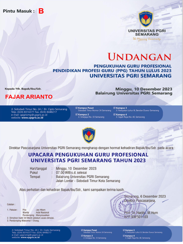Undangan Pengukuhan Guru Profesional FAJAR ARIANTO | PDF