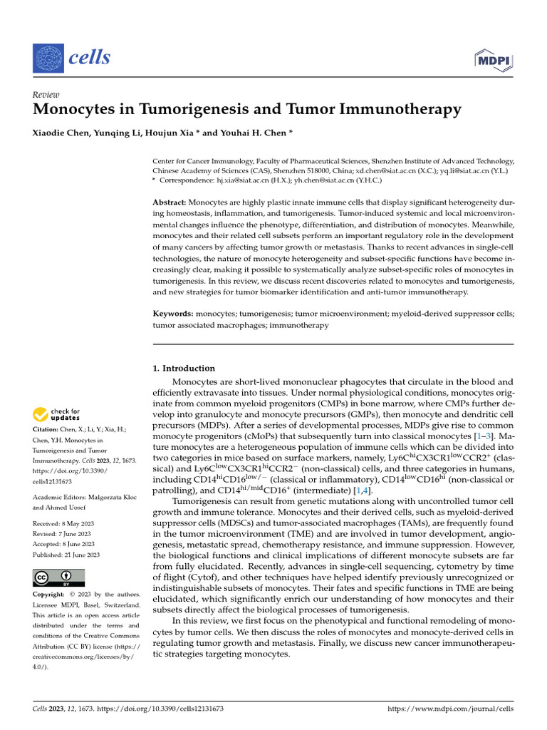 Monocytes in Tumorigenesis and Tumor Immunotherapy | PDF