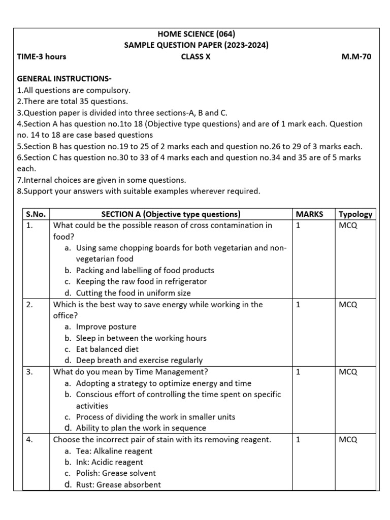 Homescience Sqp Pdf Multiple Choice Tableware