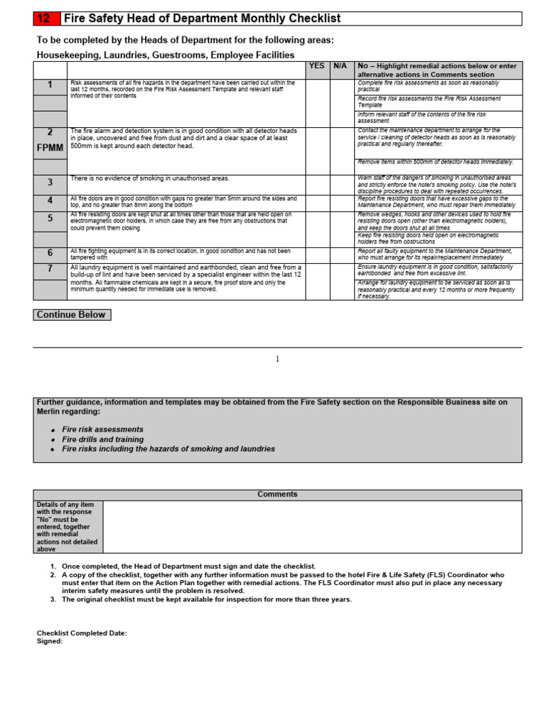 HOD 12 Fire Safety Checklist PDF Fire Safety Occupational Safety