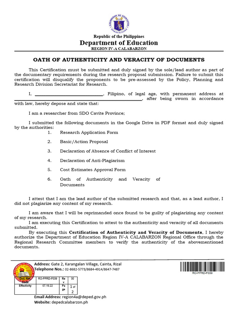 Oath of Authenticity for Research Proposals | PDF | Government
