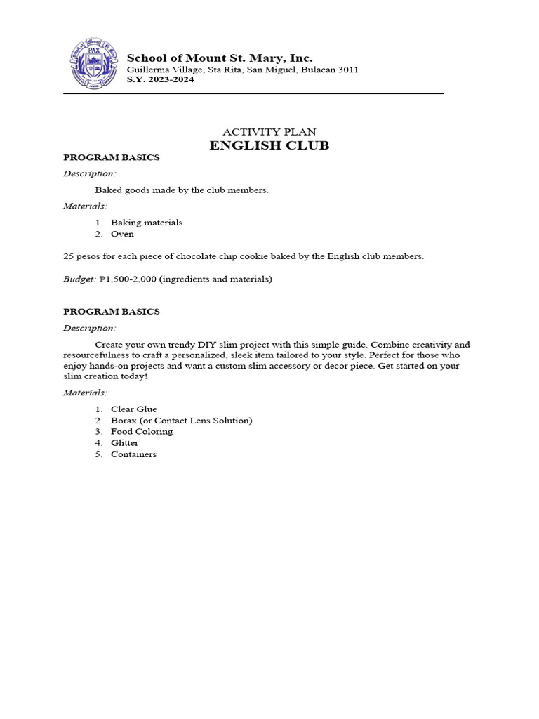 School clubs booth activity plan pdf science