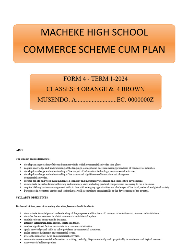 Commerce Scheme of Work: Form 4 Term 1 | PDF | Educational Technology ...