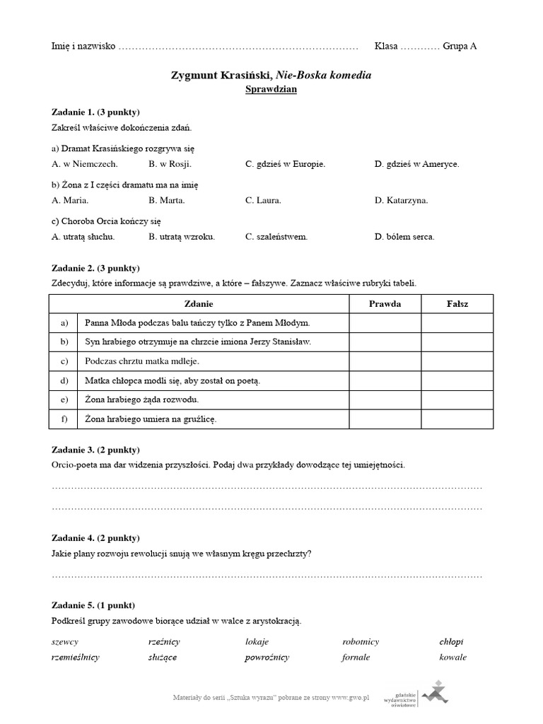 Nie Boska Komedia Sprawdzian PDF