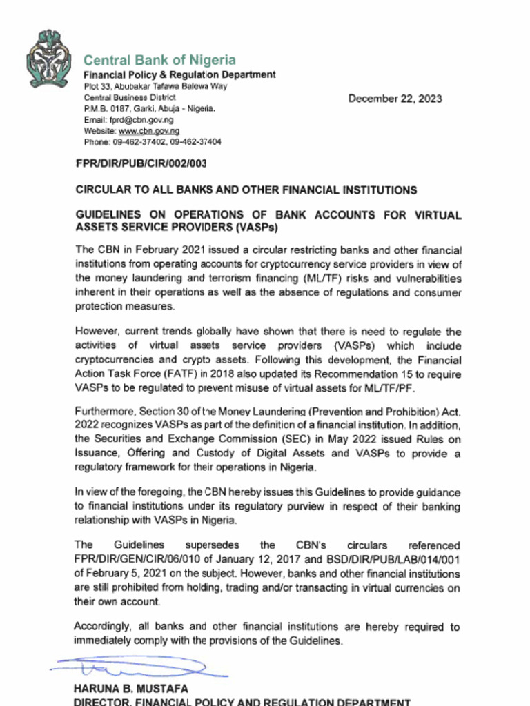 CBN Guidelines for VASPs' Bank Accounts | PDF | Money Laundering | Banks