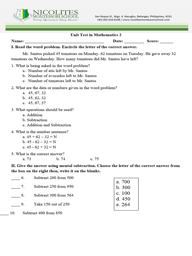 Unit Test Math 2 PDF Science Mathematics