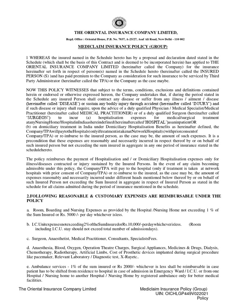 Mediclaim Insurance Policy (Group) Policy Wordings PDF Hospital