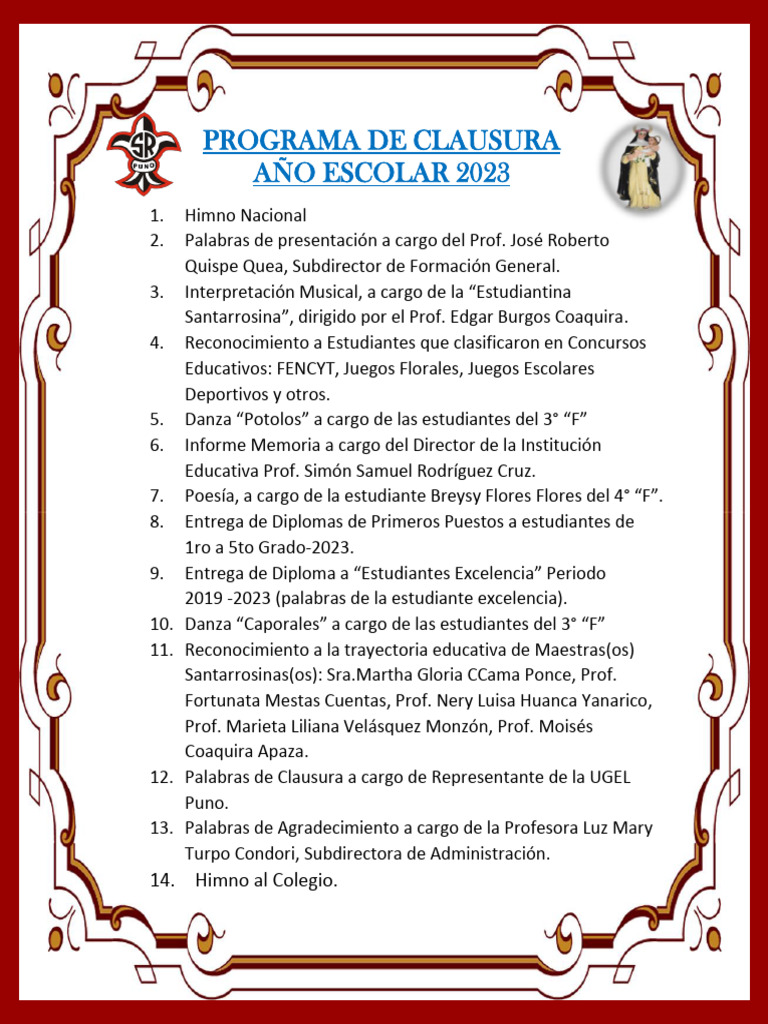 Programa Clausura Año Escolar 2023 | PDF | Ciencias sociales | Estudios ...