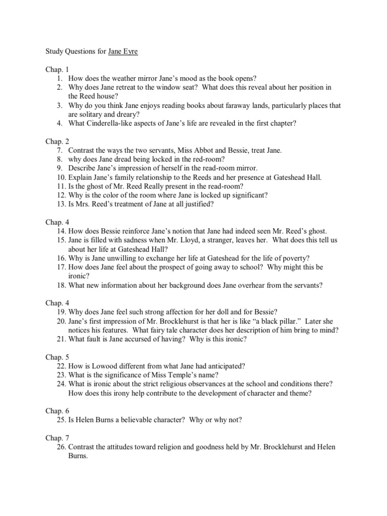 Study Questions For Jane Eyre PDF Jane Eyre