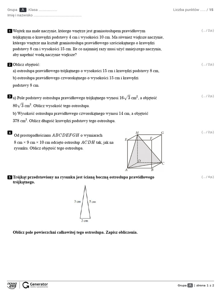 Test Z Soli Klasa 8 Nowa Era GEOMETRIA PRZESTRZENNA - sprawdzian Nowa Era klasa 8 | PDF