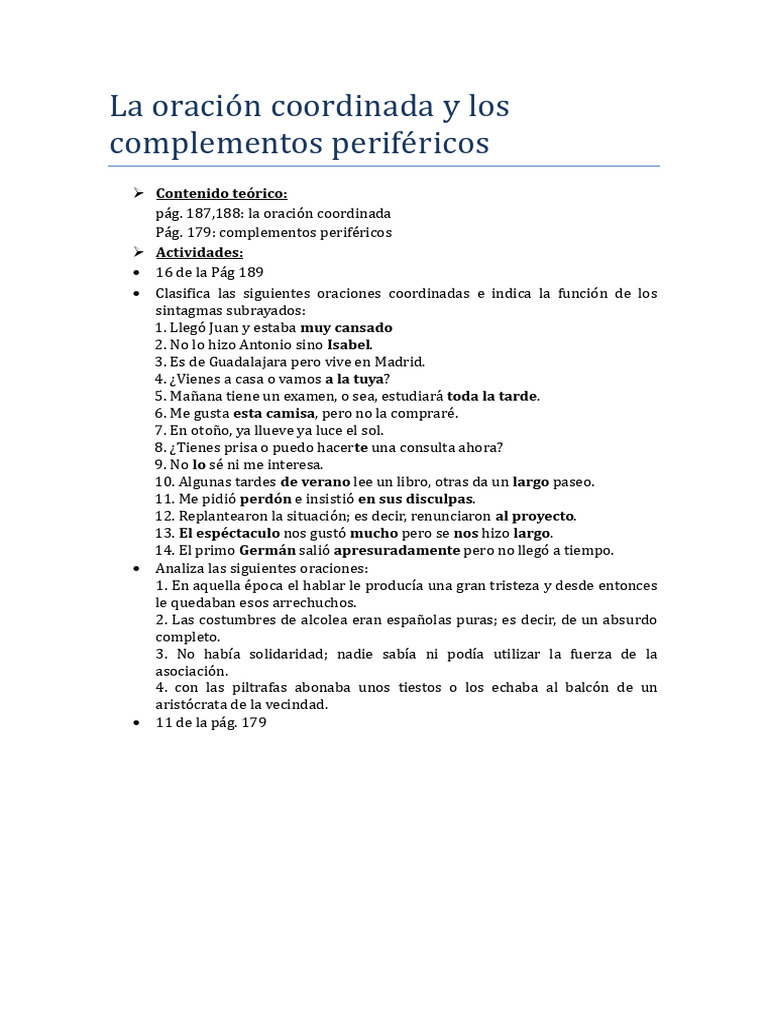 La Oración Coordinada y Los Complementos Periféricos | PDF | Artes del ...
