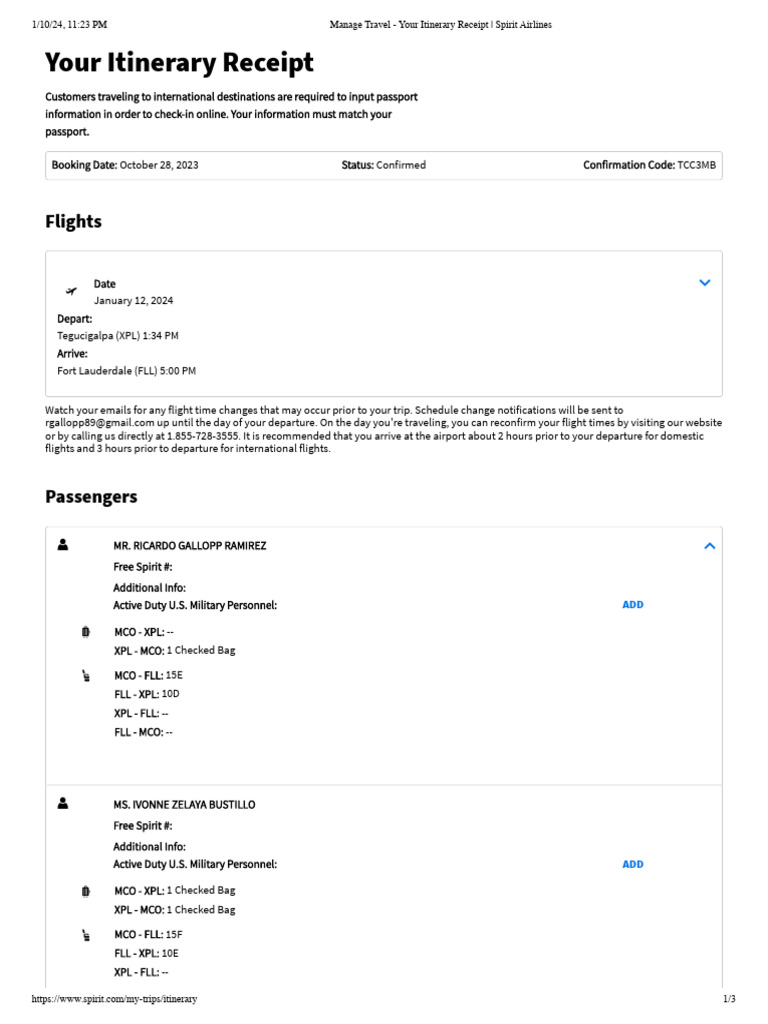 Manage Travel Your Itinerary Receipt Spirit Airlines PDF Fee
