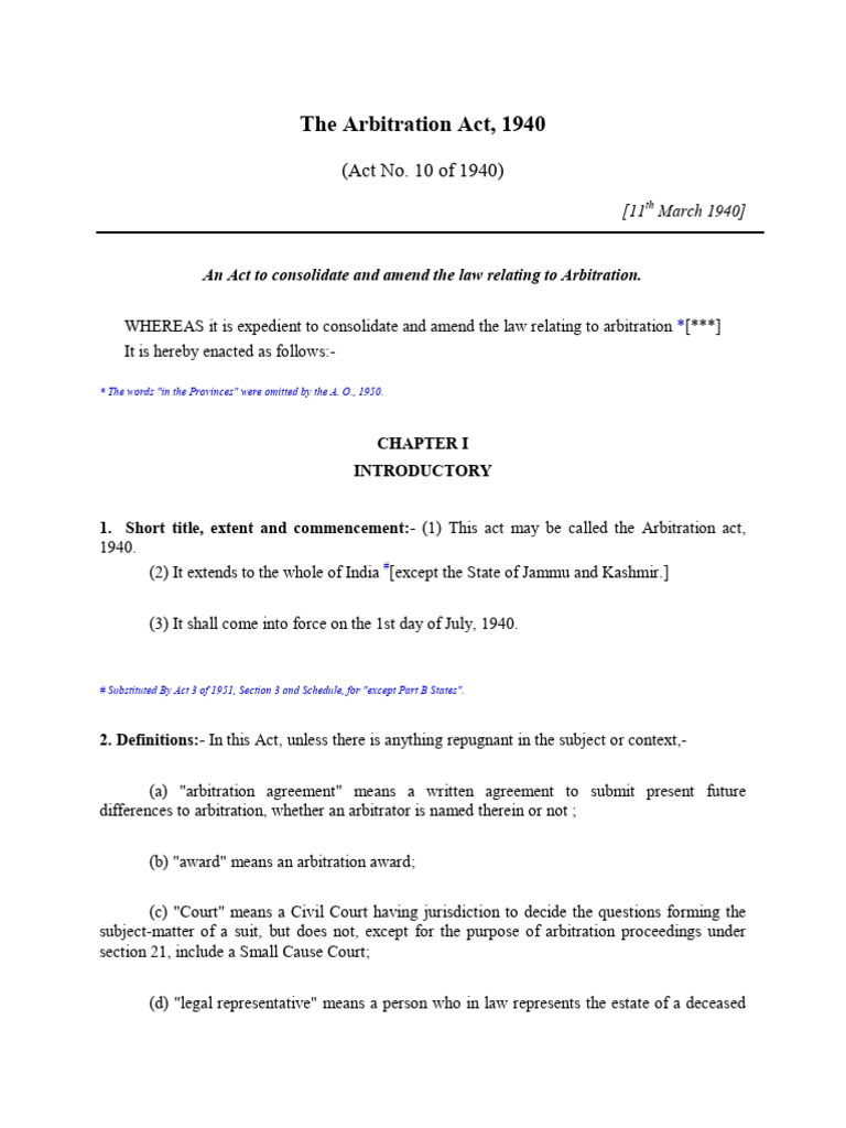 Overview of the Arbitration Act, 1940 | PDF | Arbitration | Arbitral ...