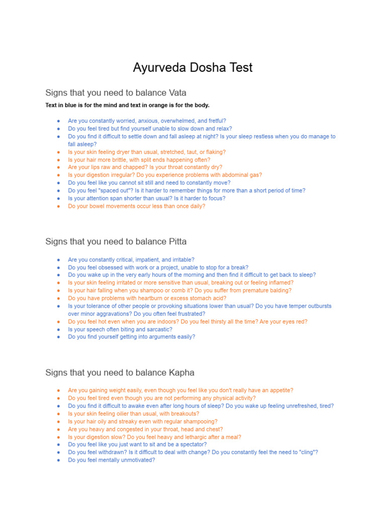 Ayurveda Dosha Test PDF Diseases And Disorders Medical Specialties