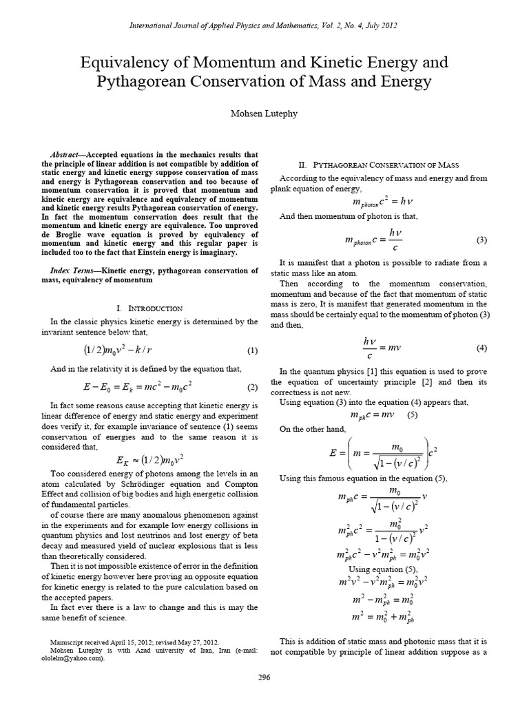 2012 equivalency of momentum and kinetic energy and pythagorean