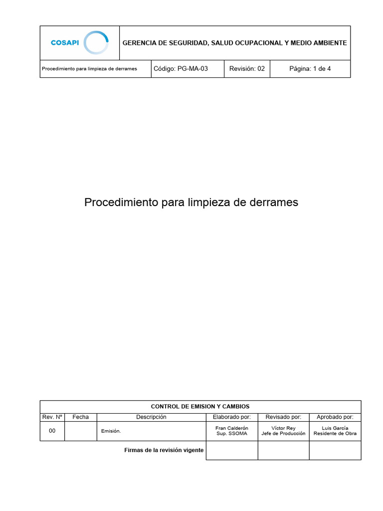 Procedimiento para Limpieza de Derrames | PDF | Residuos | Seguridad y ...