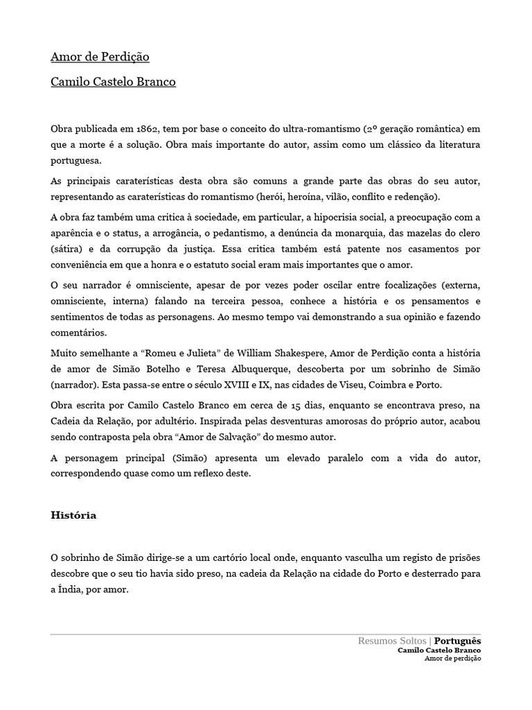 Amor de Perdição: Resumo e Análise | PDF | Clássicos