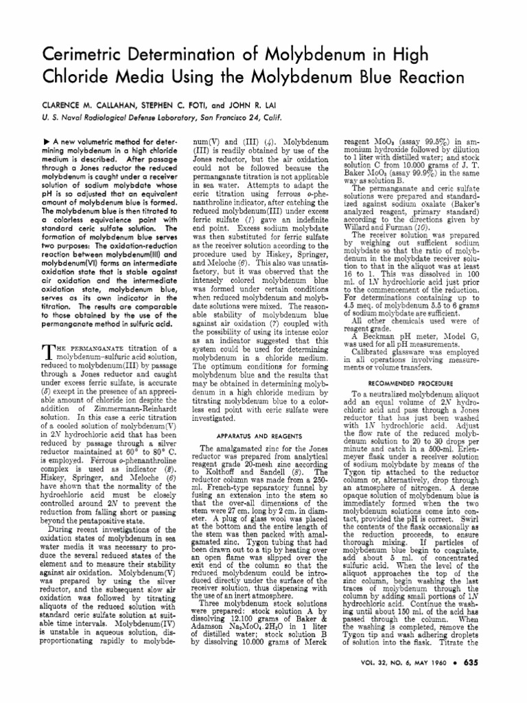 The Cerimetric Determination of Molybdenum in High Chloride Media Using