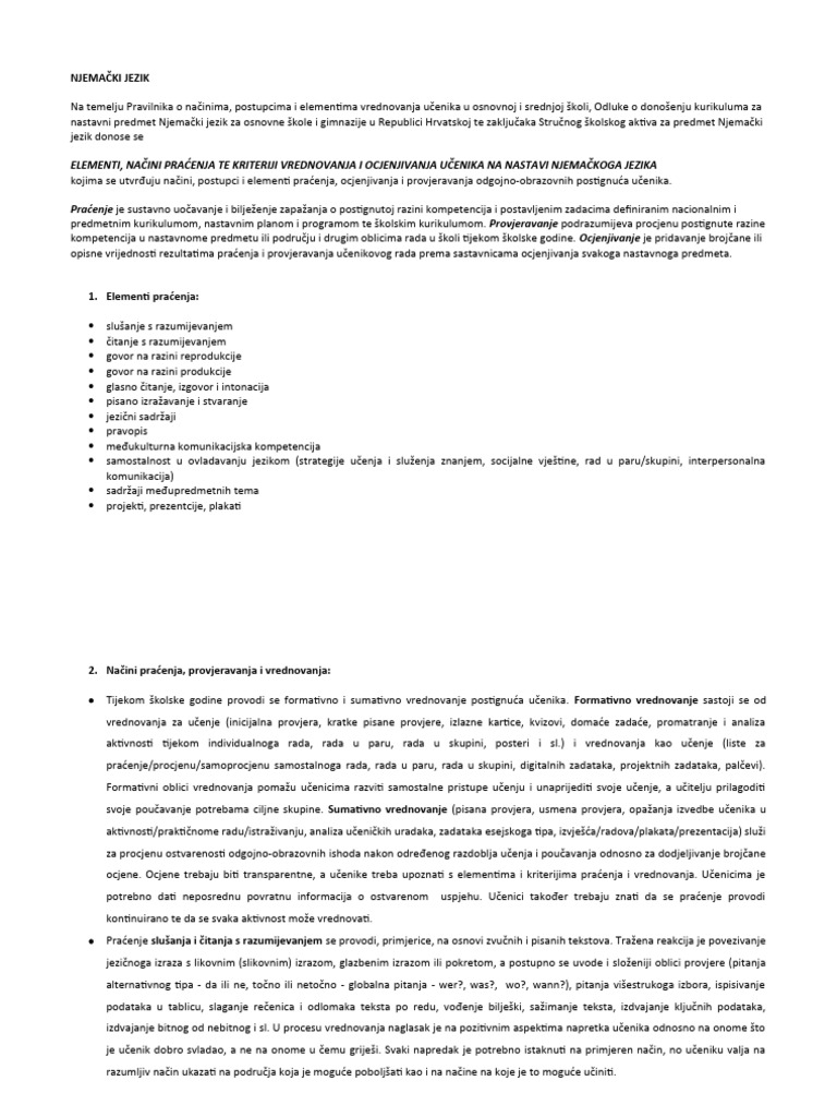 Elementi I Kriteriji Vrednovanja Lernen Singen Spielen 1 | PDF