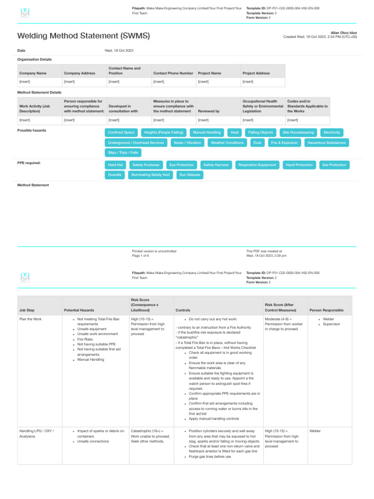 Welding SWMS and Risk Assessment Guide | PDF | Risk | Personal ...