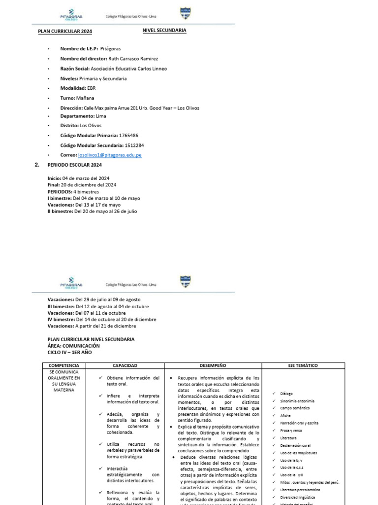 Plan Curricular Secundaria 2024 | PDF | Comprensión lectora | Léxico