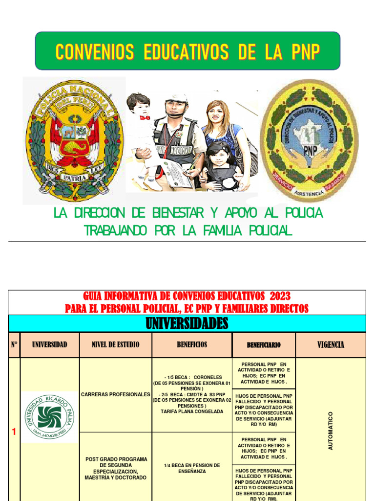 Beneficios y Convenios PNP 2023 | PDF | Etapas educativas | Cuidado de ...