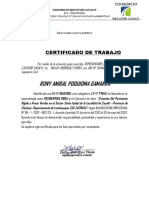Rony Anibal Poquioma Gamarra: Certificado de Trabajo
