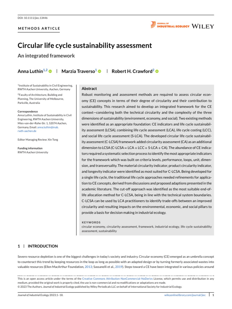 Circular Life Cycle Sustainability Assessment An I Pdf Life Cycle