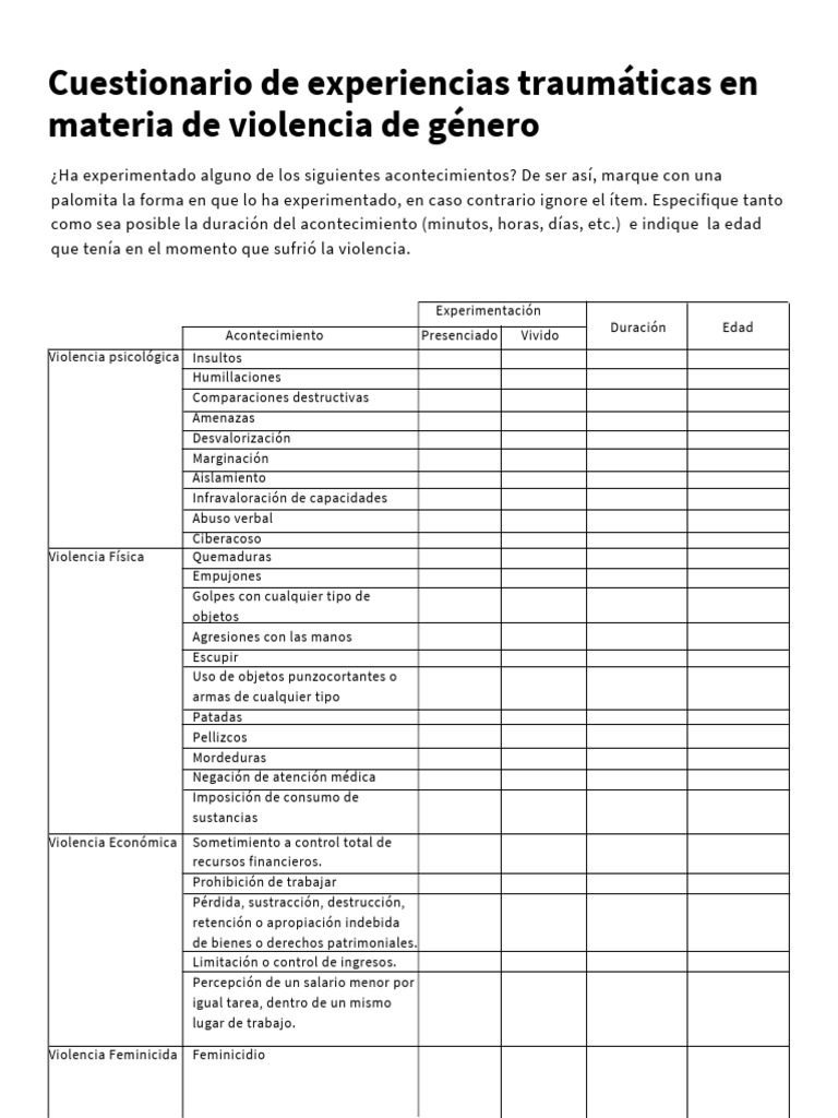 Cuestionario de Experiencias Traumáticas en Materia de Violencia de Género PDF Violencia