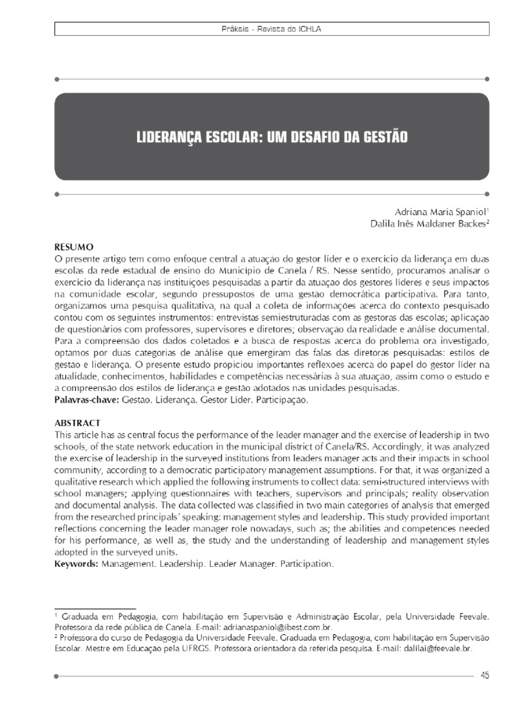 Liderança Escolar Um Desafio Da Gestão Pdf